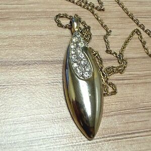 Vintage Gold Tone Marquise Crystal Pavé Teardrop Pendant Necklace 1.5 Inch